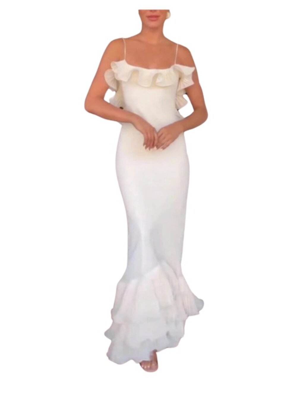 Cream Ruffle Trim Backless Mermaid Maxi Dress Boho Beach Vacation Party Sz M - Picture 3 of 10